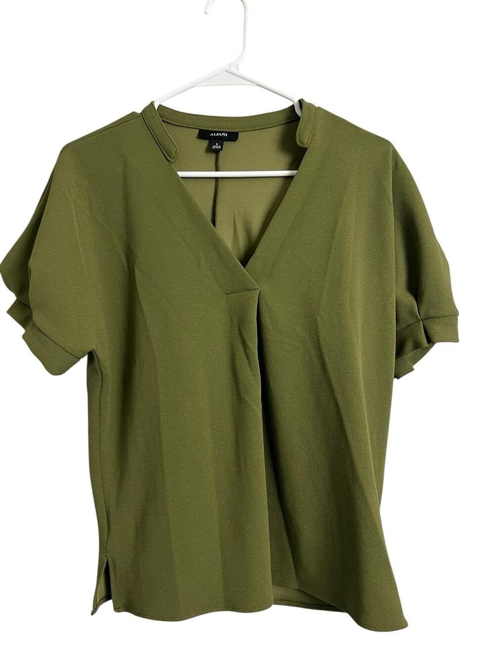 Alfani Tunic Blouse Womens Small Green Short Sleeve V Neck Knit Top Relaxed
